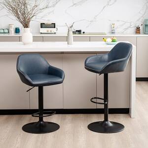 42.72 in. Navy Blue Mid-Century Modern Vintage Leatherette Gaslift Adjustable Swivel Bar Stool (Set of 2)