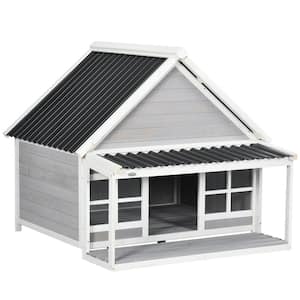 Wooden Dog House Outdoor, Cabin Style Raised Dog Shelter with PVC Roof, Front Door, Windows, for Large Medium Sized Dog