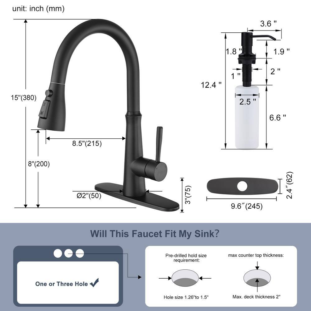 Matte Black Stainless Steel Pull Down Kitchen Faucet with Soap Dispenser
