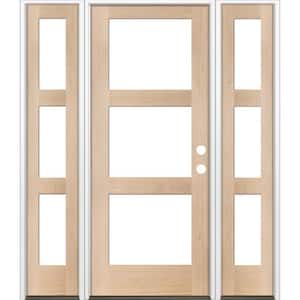 60 in. x 80 in. Modern Hemlock Left-Hand/Inswing 3-Lite Clear Glass Unfinished Wood Prehung Front Door with Sidelites