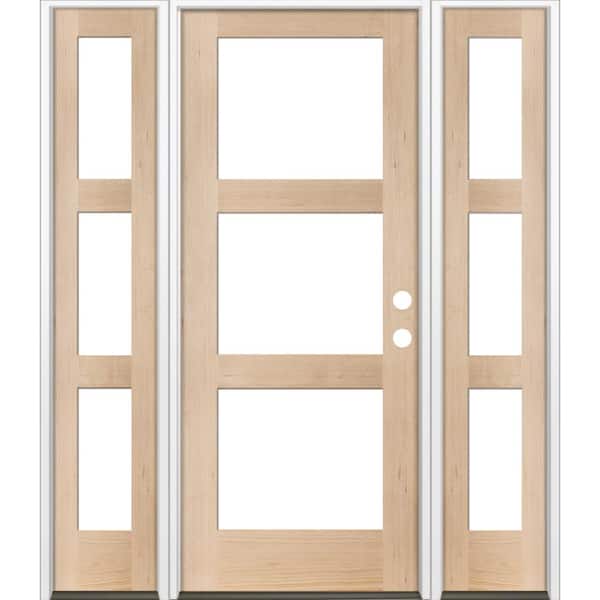 64 in. x 80 in. Modern Hemlock Left-Hand/Inswing 3-Lite Clear Glass Unfinished Wood Prehung Front Door with Sidelites