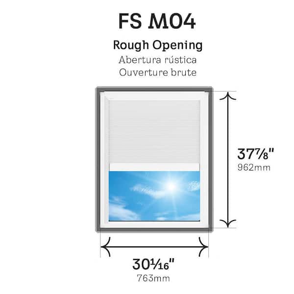 30-1/16 in. x 37-7/8 in. Fixed Deck Mount Skylight w/ Laminated Low-E3 Glass, White Solar Powered Room Darkening Shade
