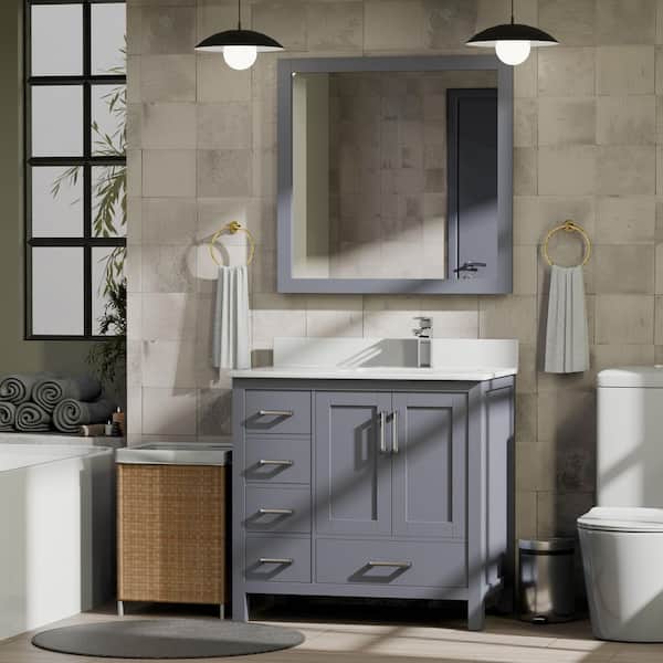 Jacques 36 in. W x 22 in. D Right Offset Dark Grey Bath Vanity, Cultured Marble Top, Faucet Set, and 34 in. Mirror