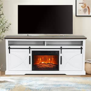 68 in. Freestanding Media Console Electric Fireplace TV Stand in White with Dark Desktop