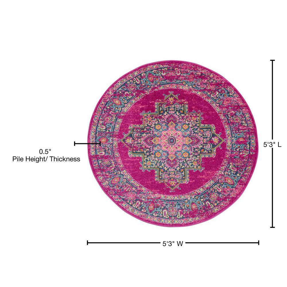 Bohemian Bliss Blue Floral Round Synthetic Easy-Care Rug, 5'3"