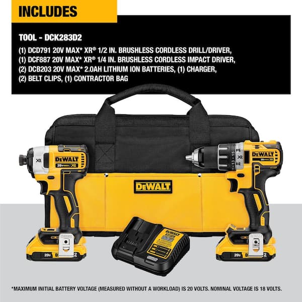 DEWALT 20V MAX XR Cordless Brushless Drill/Impact Tool Combo Kit with (2)  20V 2.0Ah Batteries and Charger DCK283D2 The Home Depot