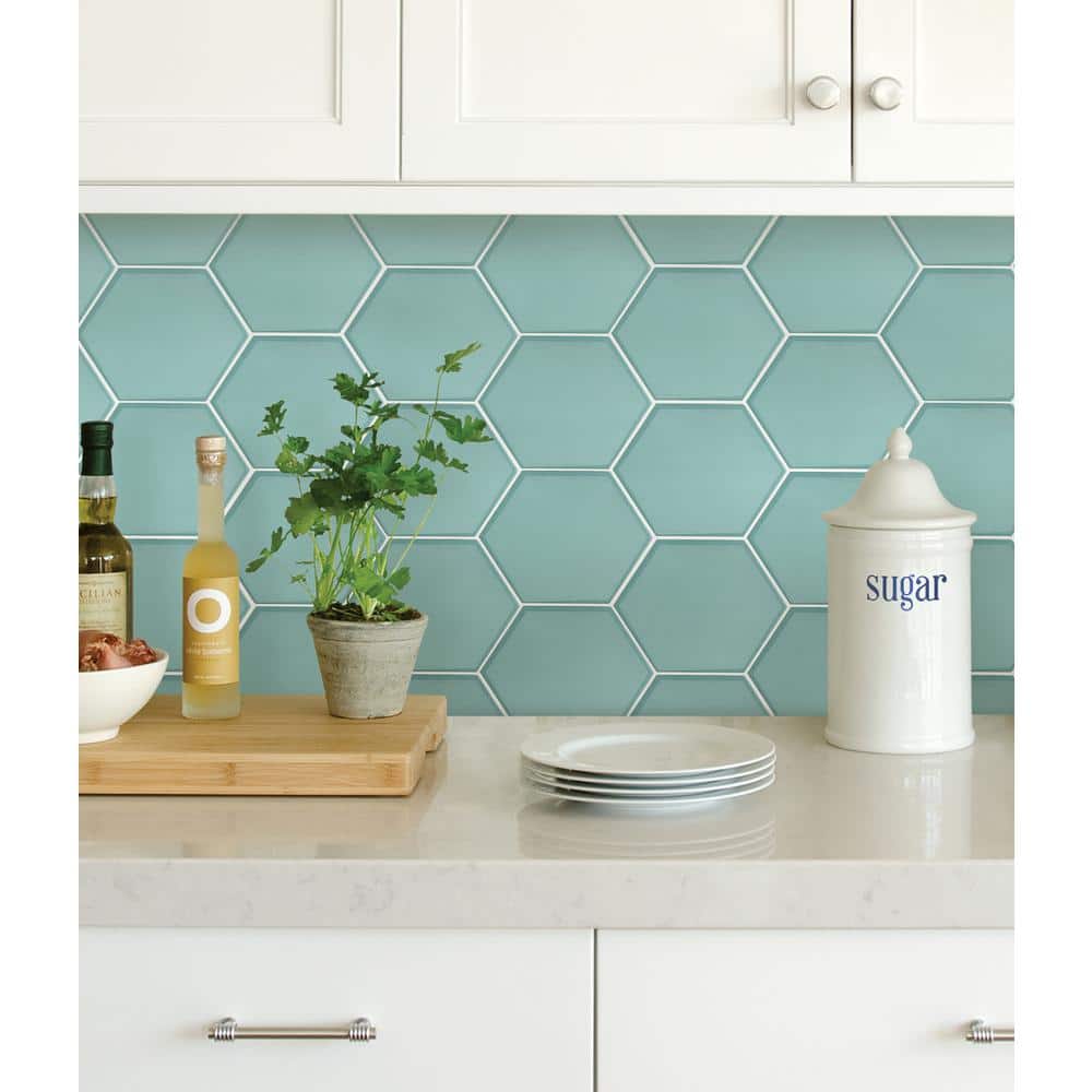 Hexagon Sea Glass Green Peel and Stick Backsplash Tiles