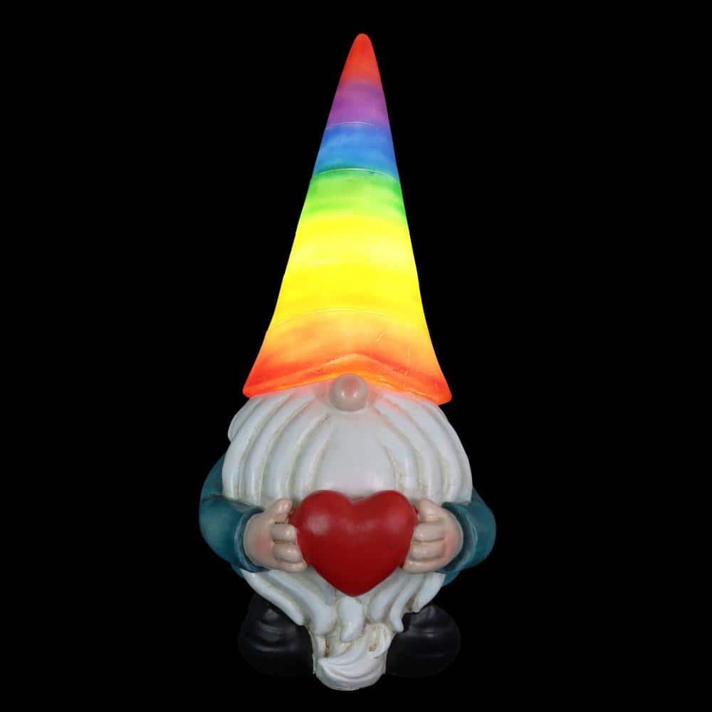Solar Rainbow Hat Garden Gnome with Heart, 6 x 12.5 Inches