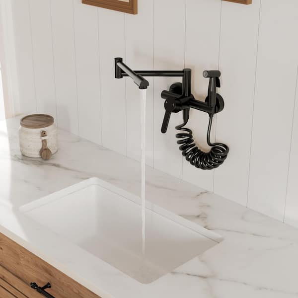Single-Handle Wall Mount 8 in. Kitchen Faucet Matte Black Faucet for Kitchen, with Spray Gun