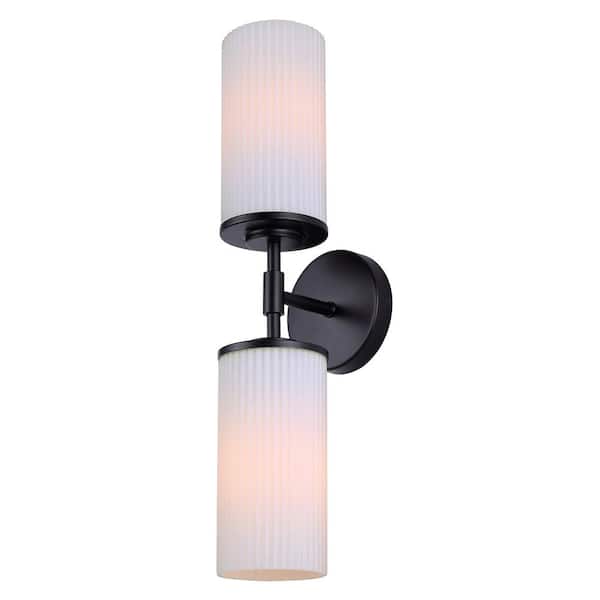 CANARM Kinslea 4.75 in. 2-Light Matte Black Vanity with White Glass Shade