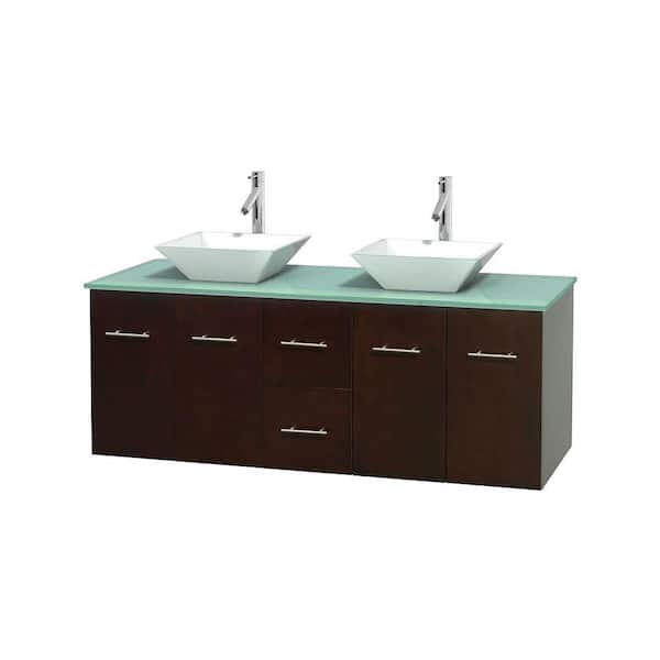 Wyndham Collection Centra 60 in. Double Vanity in Espresso with Glass Vanity Top in Green and Porcelain Sinks