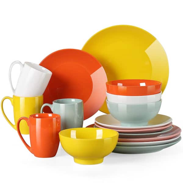 LOVECASA 16-Piece Cyan-Green White Yellow Orange Porcelain Dinnerware Set (Service for 4) Dinner Plates Dessert Plates Bowls Mugs