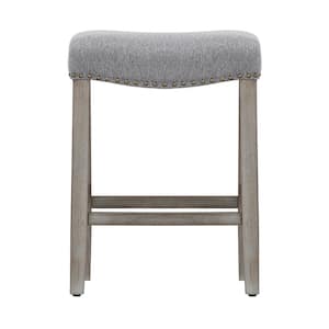 Jameson 24 in. Counter Height Antique Gray Wood Backless Nailhead Barstool with Gray Linen Saddle Seat (Set of 3)