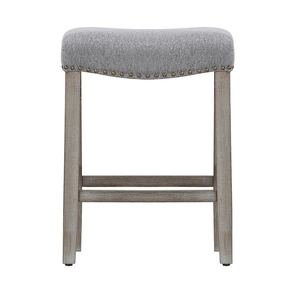 Jameson 24 in. Counter Height Antique Gray Wood Backless Nailhead Barstool with Gray Linen Saddle Seat (Set of 3)