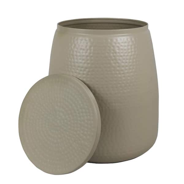 Merida 16.5 in. Almond Modern Rustic Hammered Round Metal Drum Storage End Table with Lid