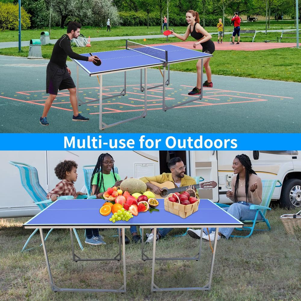 6ft Blue Foldable Outdoor Table Tennis Set with Net and Paddles