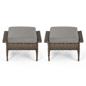 Seagull Series 2-Pack Wicker Outdoor Ottoman Steel Frame Footstool with Removable Gray Cushions