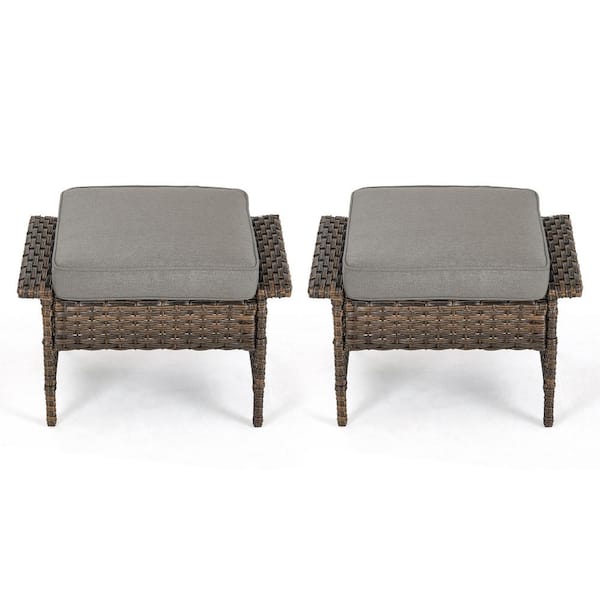 Pocassy Seagull Series 2-Pack Wicker Outdoor Ottoman Steel Frame Footstool with Removable Gray Cushions