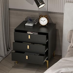 3-Drawer Black Side End Table With Gold Metal Legs For Living Room, Bedroom