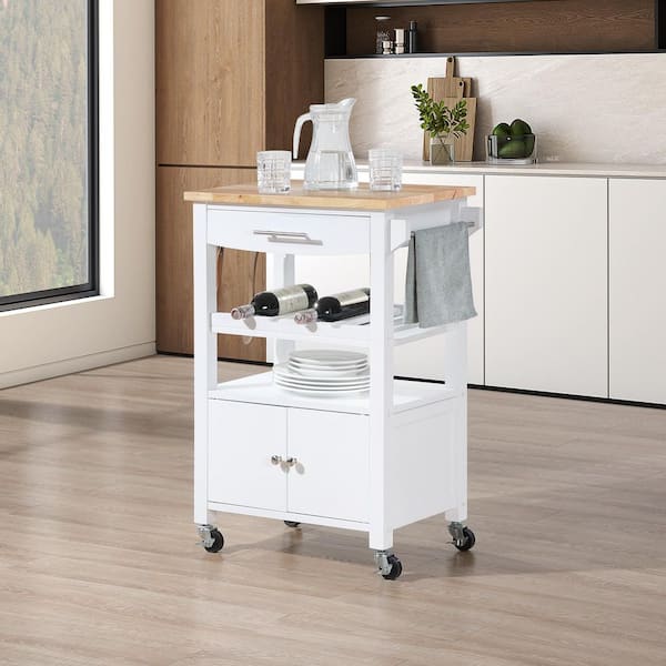 Ellaine White 24.75 in. W 3-Tier Butcher Block Kitchen Cart with Drawer, Wine Rack, and Cabinet
