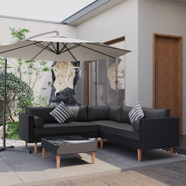 HomeAura 4-Piece Black Wicker Outdoor Sectional Set with Gray Cushions and Pillows