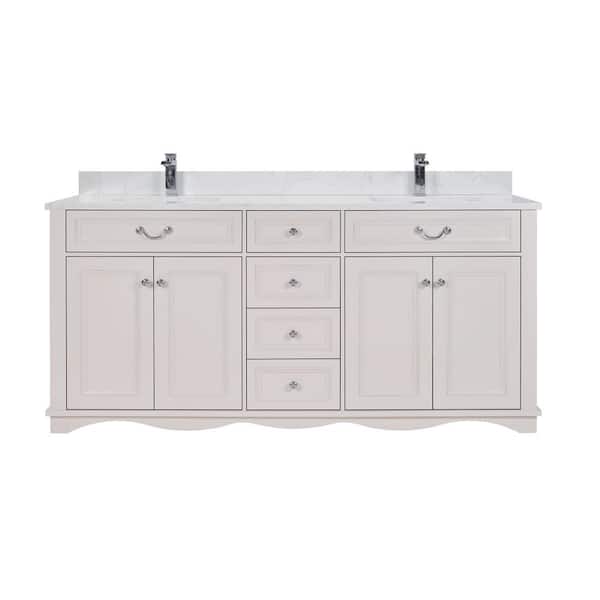 French Contemporary 72 in. Freestanding Dreamy White Bath Vanity with White Artificial Stone Top Assembled Bath Vanity