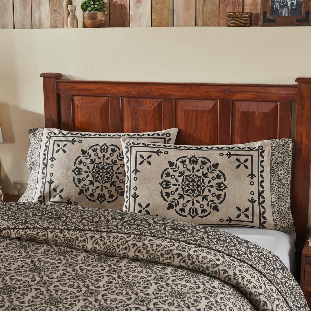 Standard Black and Tan Cotton Blend Medallion Pillowcase Set