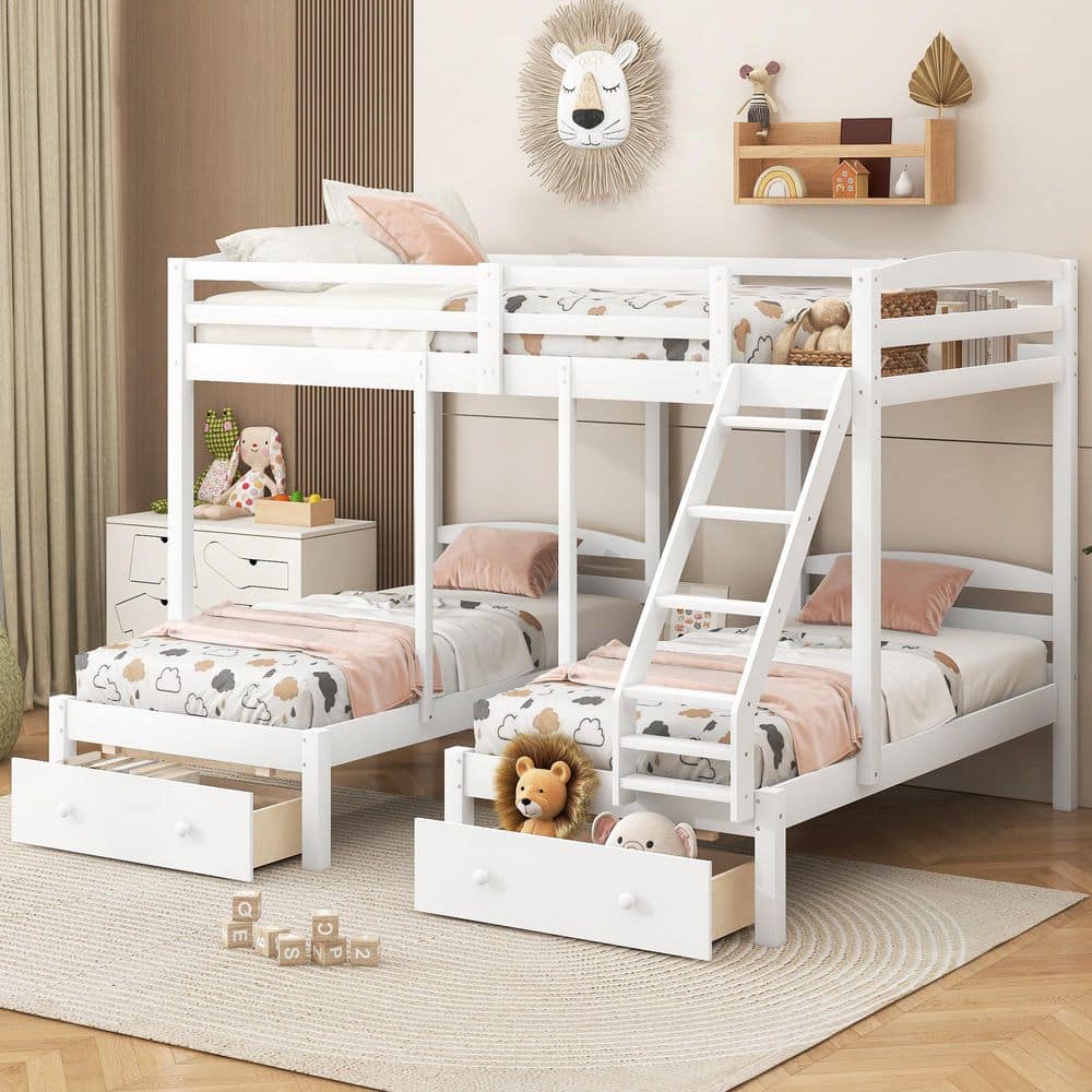 Harper & Bright Designs White Full Over Twin Wood Triple Bunk Bed with ...