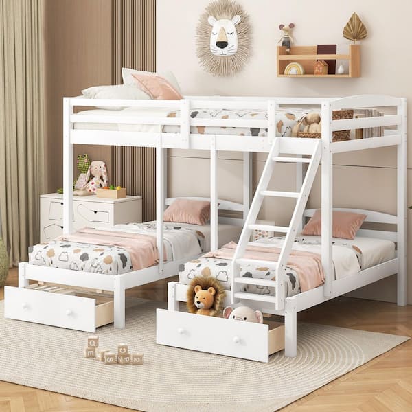 Harper & Bright Designs White Full Over Twin Wood Triple Bunk Bed with ...