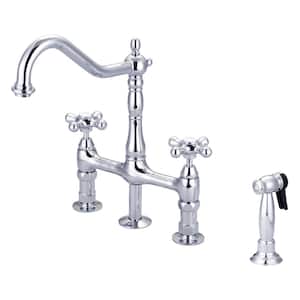 Emral Two Handle Bridge Kitchen Faucet with Button Cross Handles in Polished Chrome