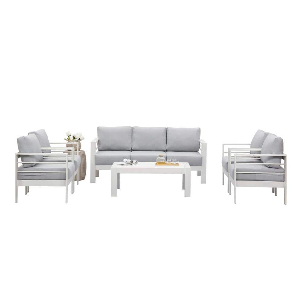 6-Piece Aluminum Patio Conversation Set with White Cushion with Table, Rust