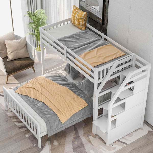 Twin over Full Loft Bed with Staircase, White
