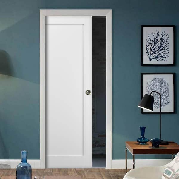 4111 18 in. x 84 in. Single Panel White Finished Solid MDF Sliding Door with Pocket Hardware
