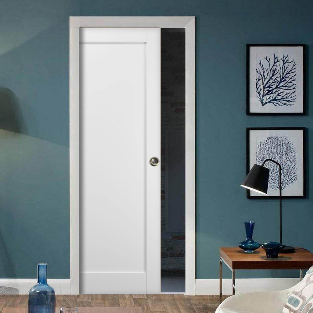 Quadro 4111 White Silk Solid Core Pocket Door with Frame