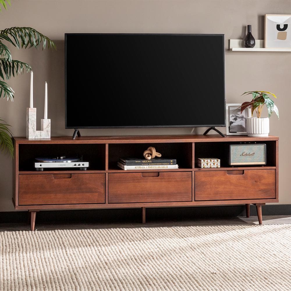 Welwick Designs 70 in. Walnut Solid Wood Boho Modern 3-Drawer TV Stand Fits  TVs up to 80 in. HD8937 - The Home Depot