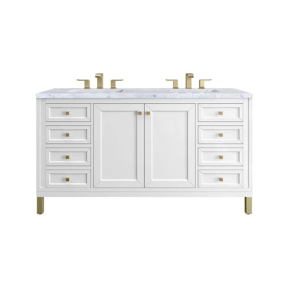 James Martin Vanities Chicago 60.0 in. W x 23.5 in. D x 34 in. H Bathroom Vanity in Glossy White with Carrara Marble Marble Top -  305V60DGW3CAR