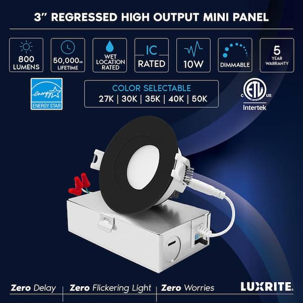 4-Pack 3 in. Integrated LED Recessed Light kit 10-Watt 5CCT 2700K-5000K 800 Lumens Dimmable Wet Rated IC ETL - Black