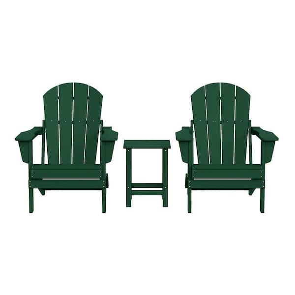 Laguna 3-Piece Fade Resistant Outdoor Patio HDPE Poly Plastic Folding Adirondack Chair Set with Side Table in Dark Green