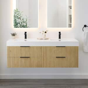 Livia 60 in. W Double Sink Floating Bath Vanity in Nature Brown with White Stone Top