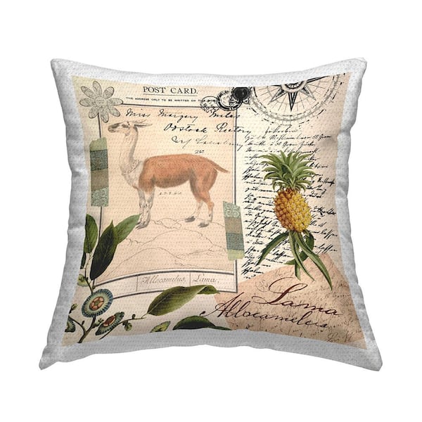 Stupell Industries Vintage Post Card Llama Collage Beige Square Outdoor Throw Pillow