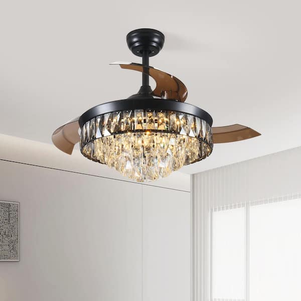 42 in. Indoor Black Integrated LED Crystal Retractable Ceiling Fan With Light Kit and Remote Control