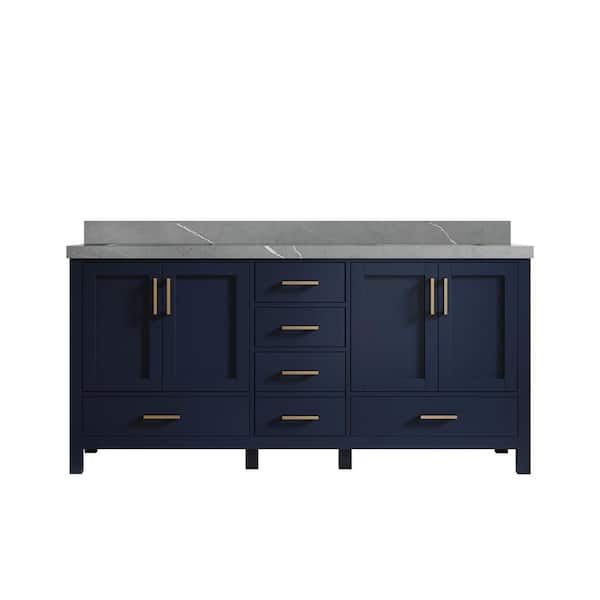 Willow Collections Malibu 72 in. W x 22 in. D x 36 in. H Double Sink Bath Vanity in Navy Blue with 2 in. Piatra Quartz Top
