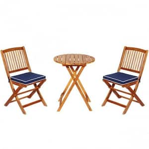 3-Piece Acacia Wood Round Outdoor Bistro Set Classic Garden Bistro Set with Navy Blue Cushions