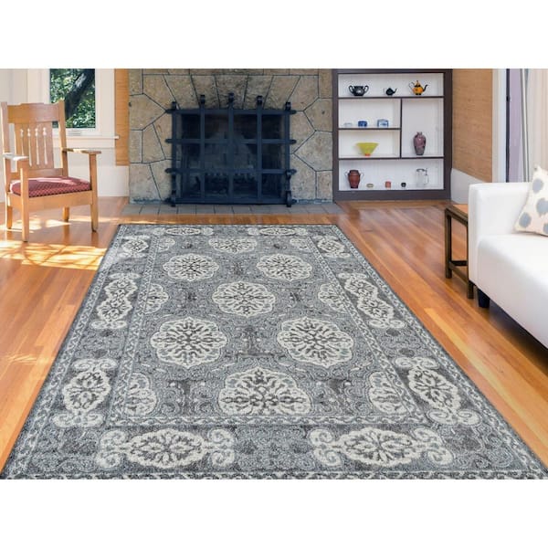 Alexandria 9 x 12 Steel Blue Bordered Pattern Area Rug for High Traffic Living Room Dining Room Bedroom
