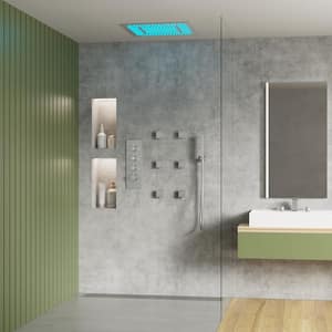 Thermostatic 7-Spray 20 in. Ceiling Mount Squre LED Mood Lighting Shower System in Brushed Nickel(Valve Included)