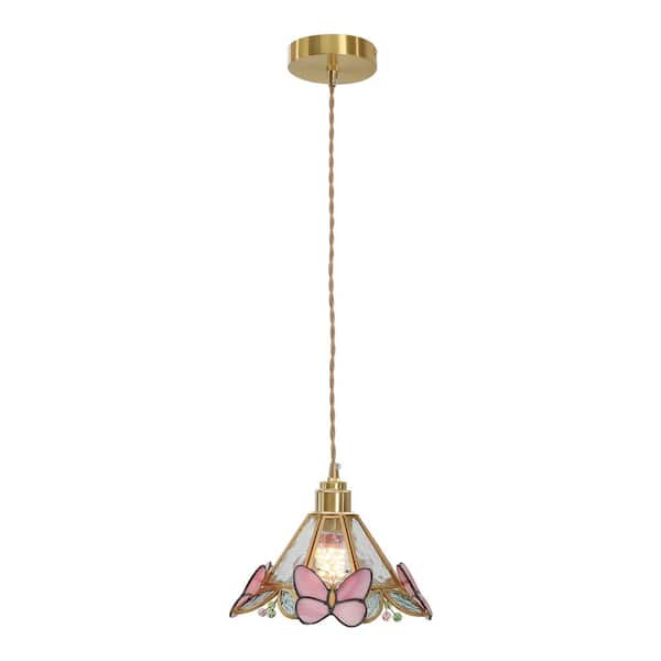1-Light Gold Creative Butterfly Pendant Light with Multi-Colored Glass Shade and Adjustable Height, No Bulbs Included