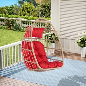 Outdoor 28.7 in. Rattan Egg Swing Chair Hanging Hammock with Cushion in Red