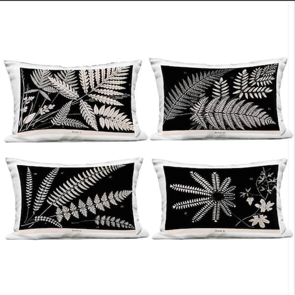 White Ferns on Black Black Rectangular Outdoor Throw Pillow (Set of 4)