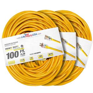 100 ft 12 Gauge/3 Conductors SJTW Indoor/Outdoor Extension Cord with Lighted End Yellow (3 Pack)