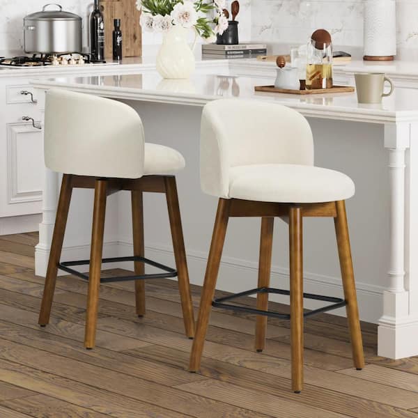 Stansberry 26 in. Chenille Upholstered Low Back Wood Kitchen Counter Stool w/ Swivel (Set of 2), Cream